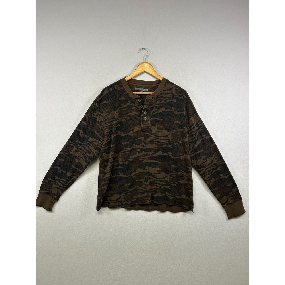 Gorpcore Old Navy Mens XL Brown Camo Waffle Knit Thermal Henley Shirt